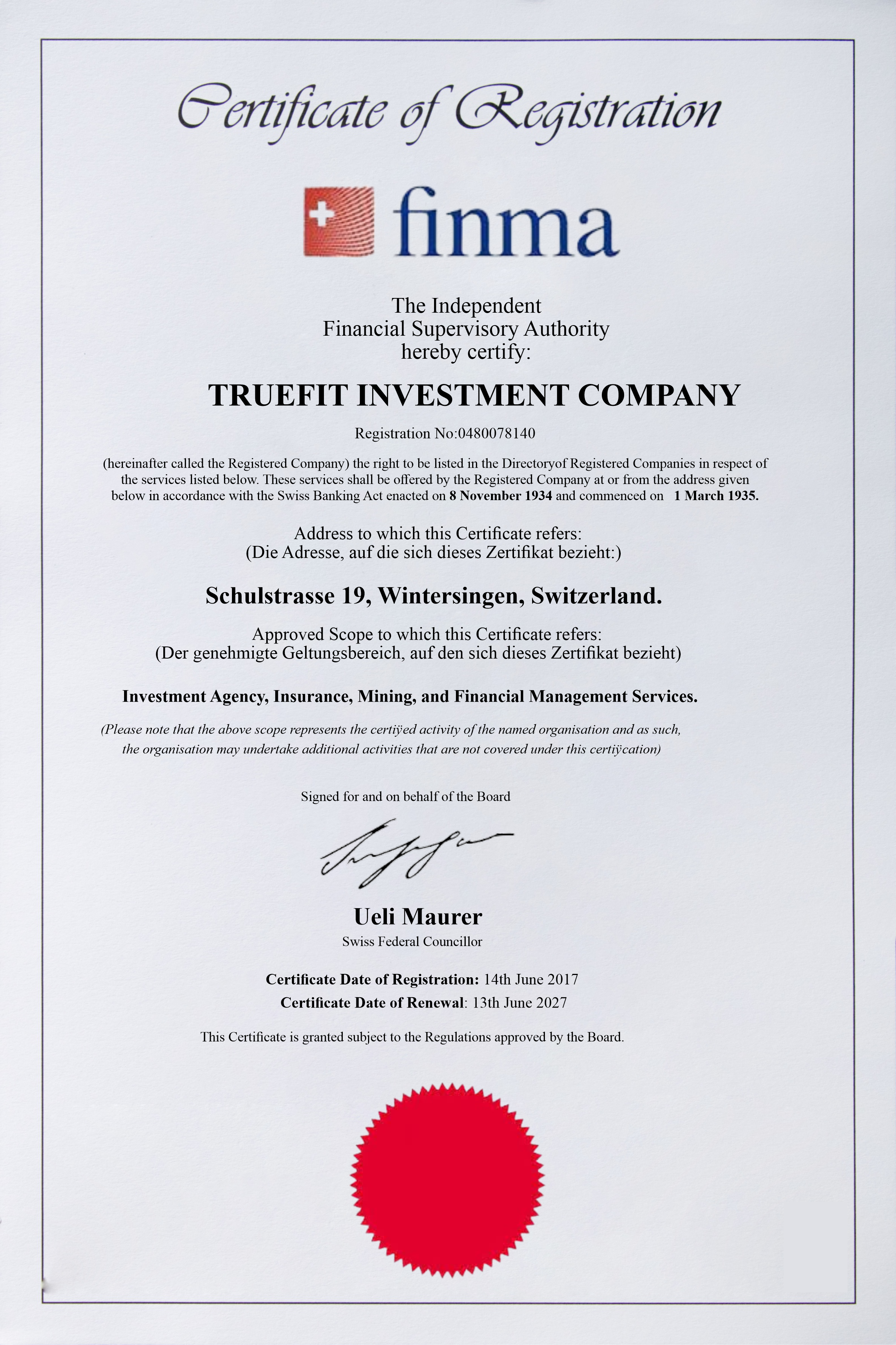 truefitinvestmentcompany.com  certificate